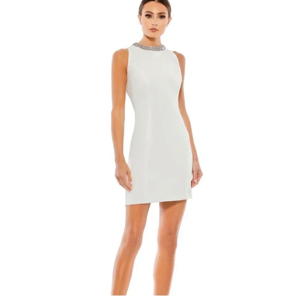 Ieena for Mac Duggal White Rhinestone Neck Cocktail Dress 49280 WHT 0